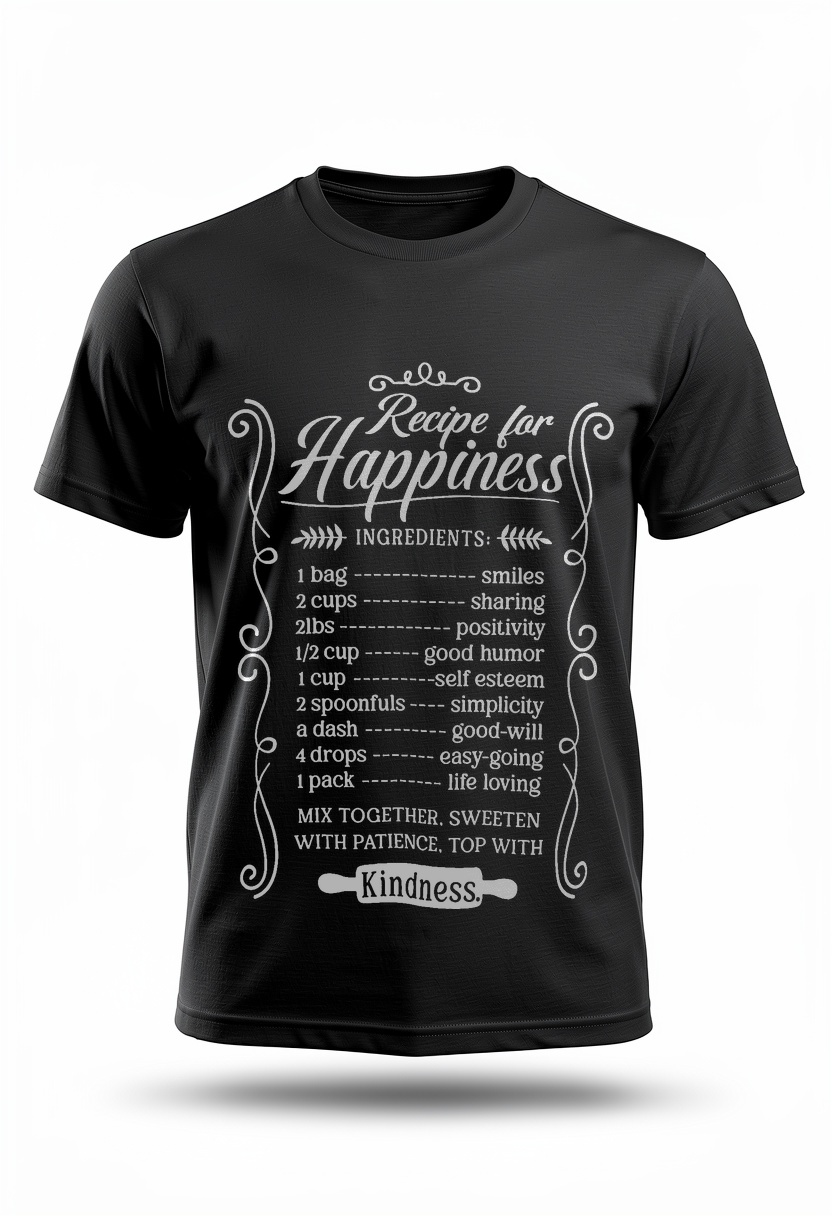 Recipe for Happiness - Black T-Shirt with white print featuring the happiness ingredients recipe